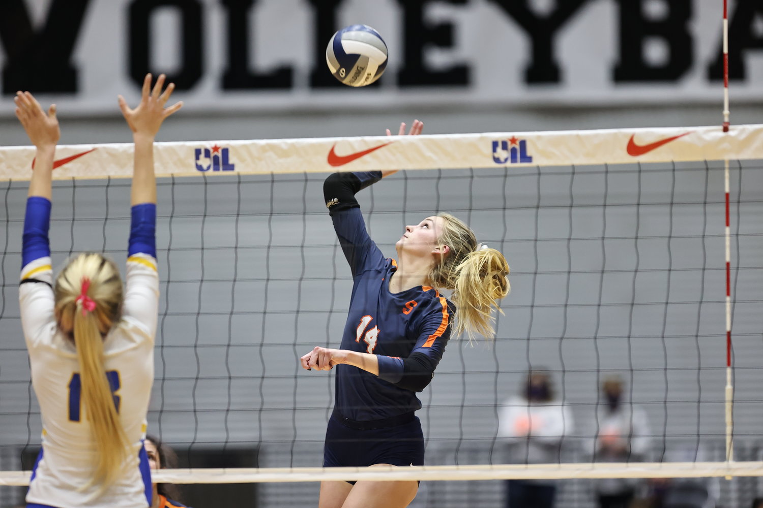 Seven Lakes senior Ally Batenhorst rises for an attack during the Spartans' Class 6A state championship match over Klein on Dec. 12 at the Culwell Center in Garland.